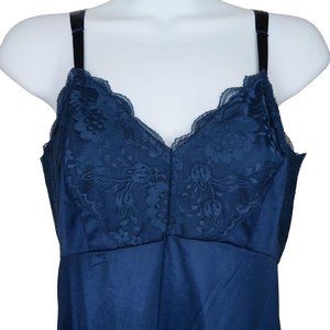 Vintage Full Length Dress Slip S Blue Lace Nylon Slip Nightgown USA Deadstock